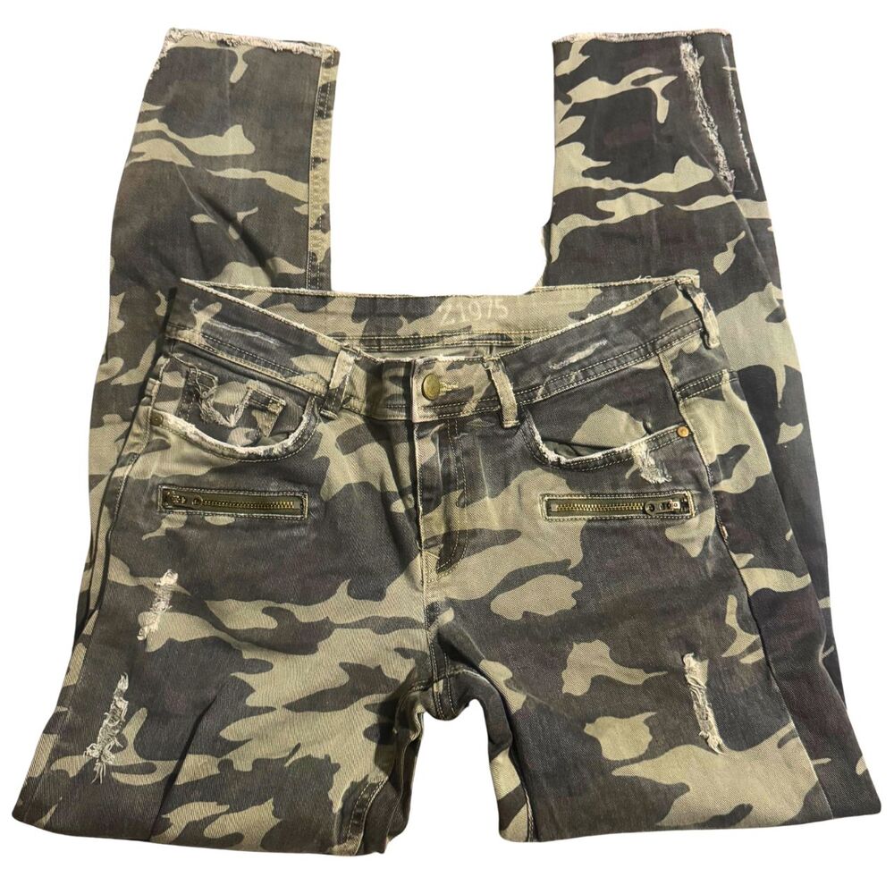 Green Camo Size 8 S Alt Punk Streetwear Distressed Skinny Mid Rise Army Jeans